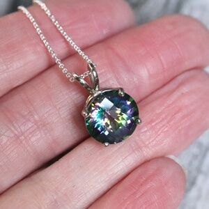 12mm  Rainbow Mystic Topaz Pendant Necklace with Sterling Silver Chain
